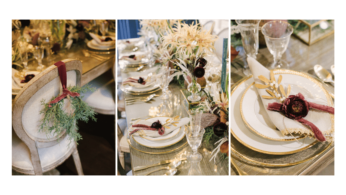 Christmas tablescape with amaryllis, ranunculus, bleached preserved ferns, cypress, and bronze magnolia; fresh cypress wreaths on chair backs; and gold rimmed plates and napkins