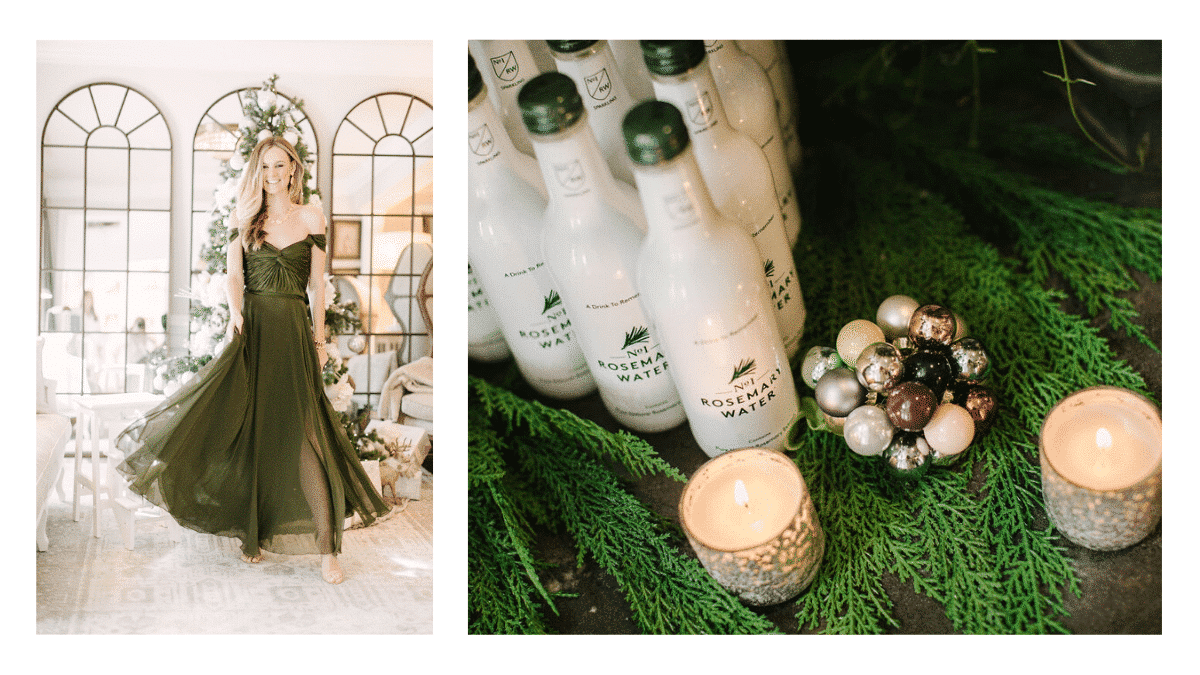 a happy woman celebrating the holidays in an olive dress. Rosemary water displayed on greenery with tealights