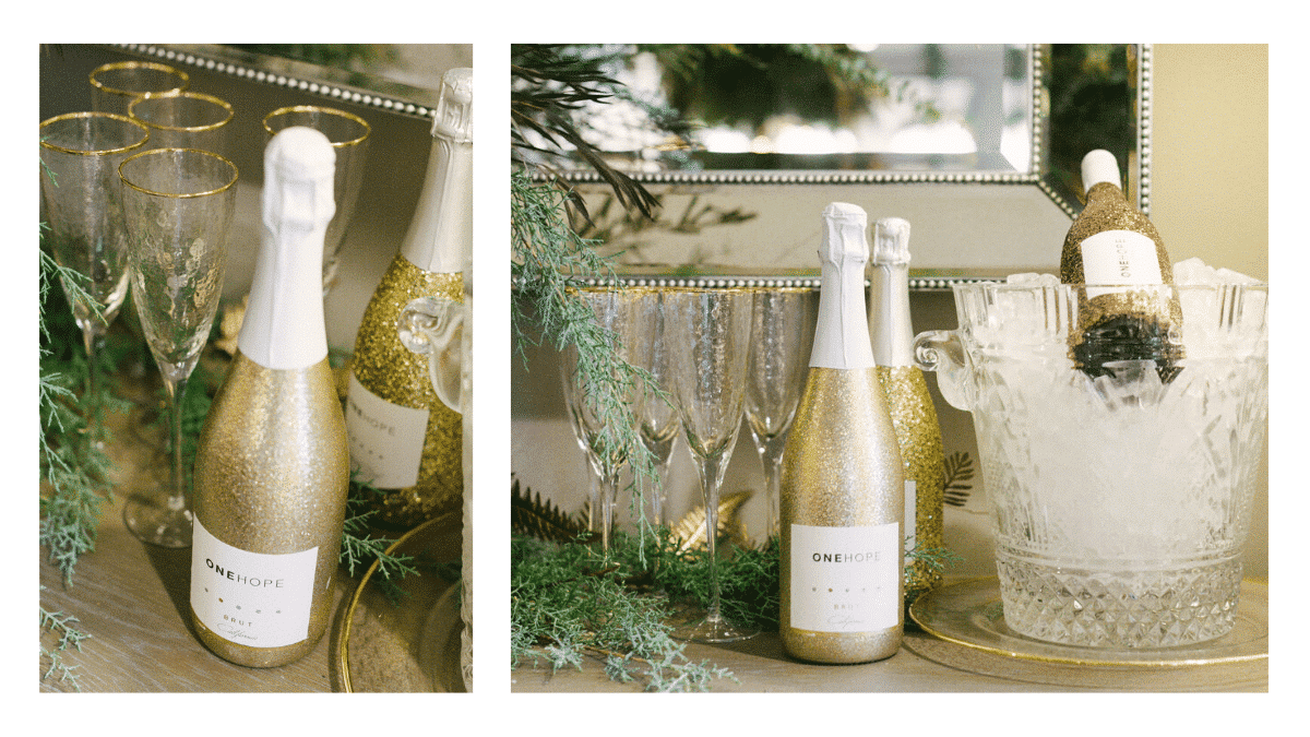 gold glittering champagne with gold rimmed champagne glasses