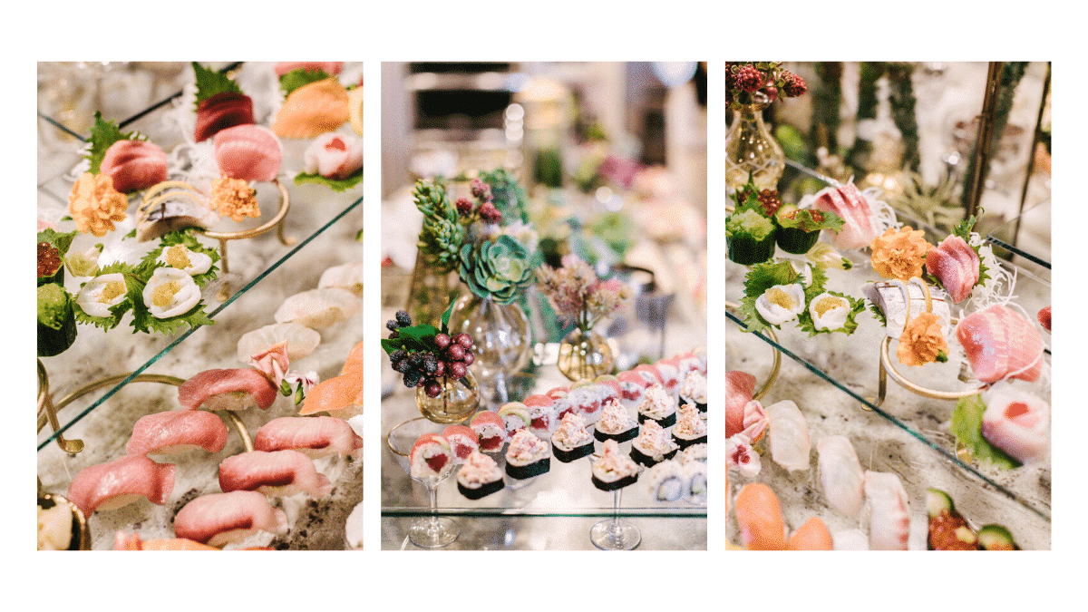 elegantly displayed sushi and rolls on kitchen island for party