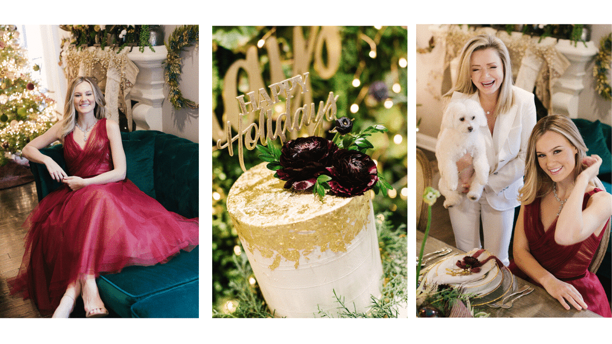 burgundy tulle dress on a green couch; gold and red holiday cake; two women dressed up 