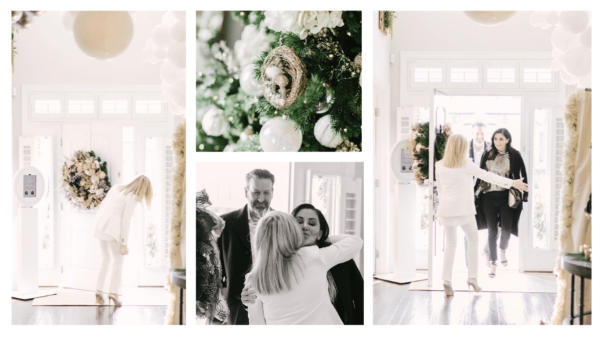 party guests greeted by a beautiful Christmas tree decorated with silver and white