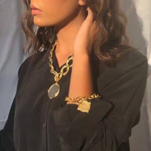 Gold Intaglio Coin Bracelet in 24k gold plate on a gold chain