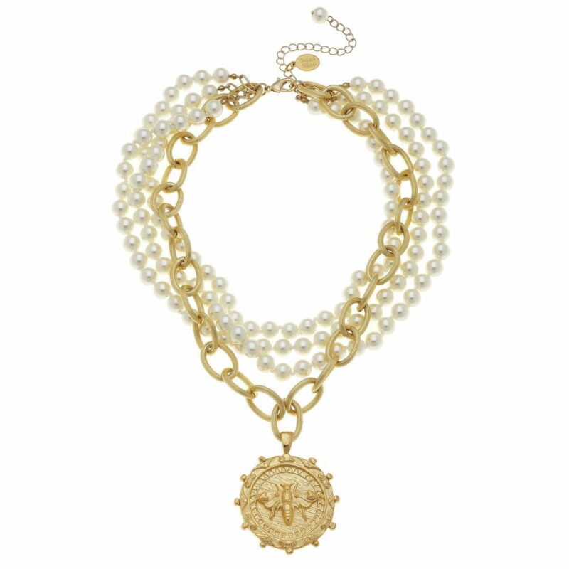 Multi-Strand Pearls with Gold Bee Necklace