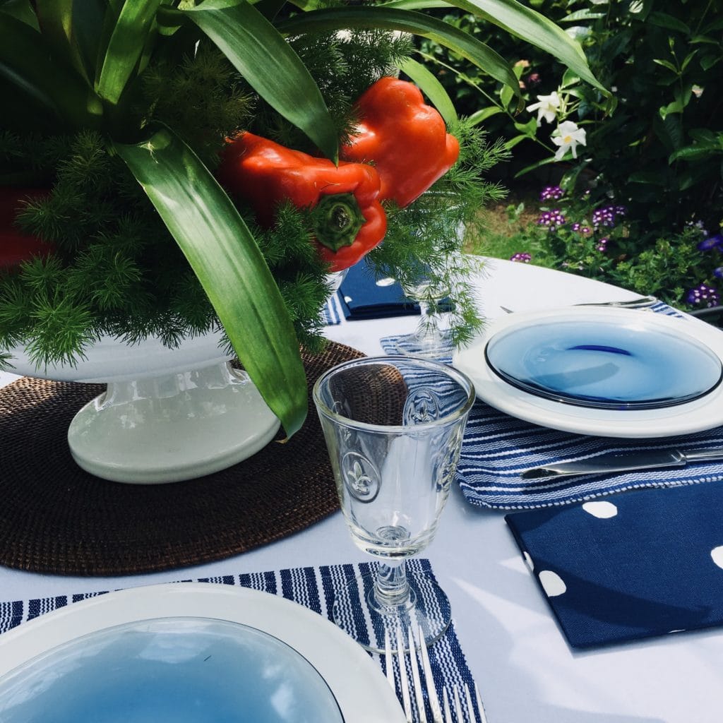 fleur de lis goblet, blue table linens, red pepper centerpiece memorial day table setting