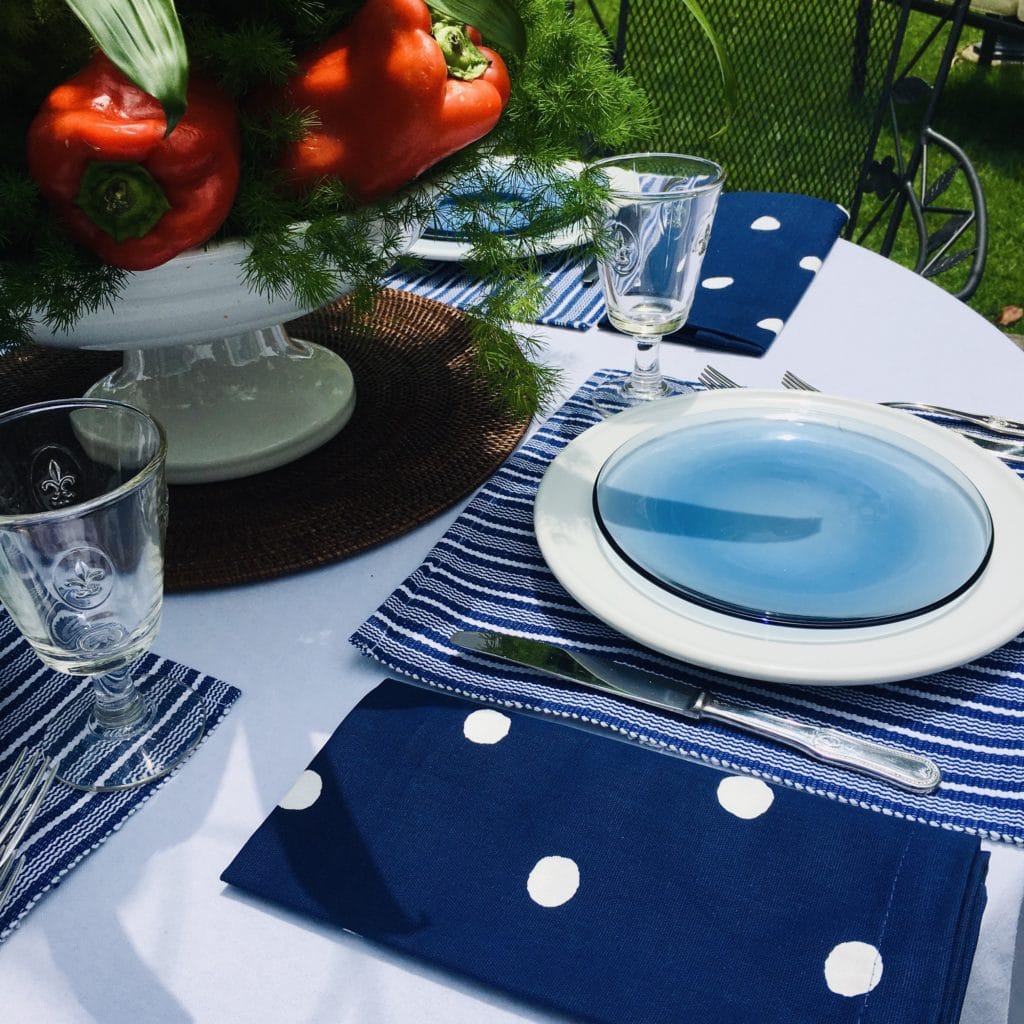 mixed blue polka dots and stripes table setting