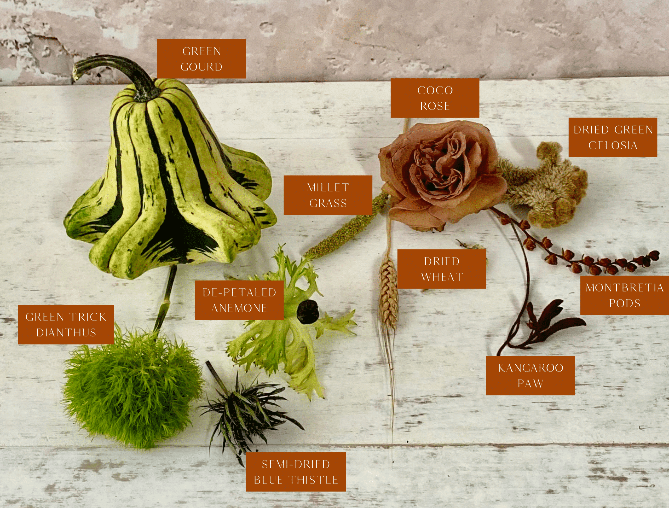 infographic outlining the different elements in this green and neutral autumn floral arrangement