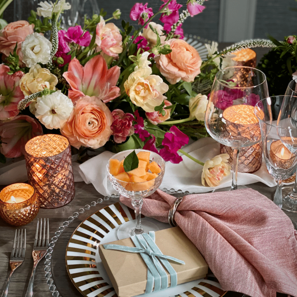 Warm Pastel FLowers with gold stripe dishes displayed on a dining table