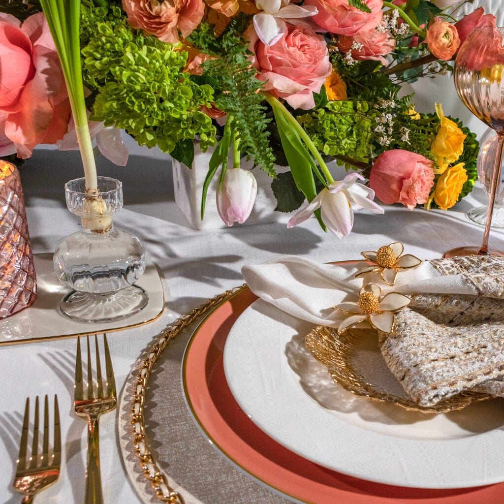 Spring Dining Table in colors of ivory, coral and gold