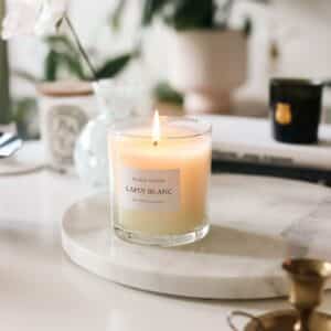 Lapin Blanc Candle image with candle burning set among vessels and trays