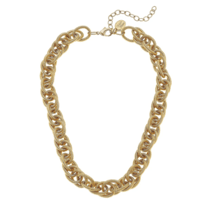 Gold Chain Necklace with scrunch link design. Chain Links are ovular and layered for the scrunched feel. Lobster claw clasp
