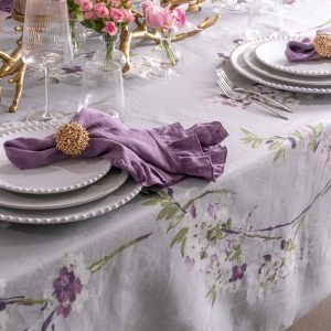 Grey Linen Floral Tablecloth with plum pink and white flowering branches in a painted design